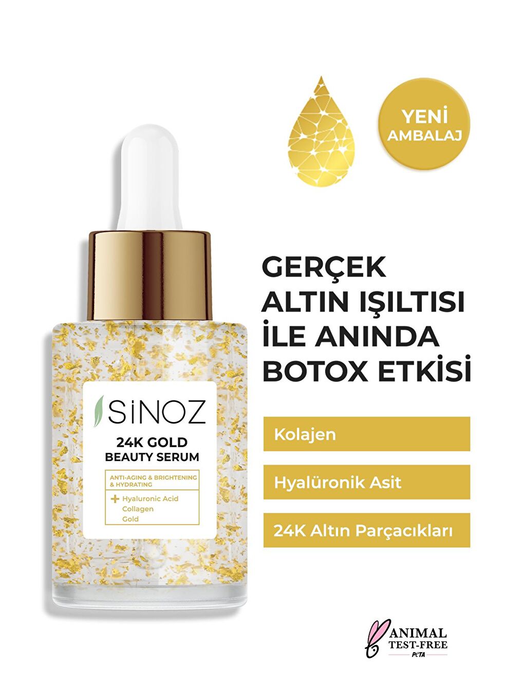 Sinoz 24K Altın Parçacıklı Hyaluronik Asit İçeren Kırışıklık Karşıtı Kolajen Cilt Bakım Serum 30 ML