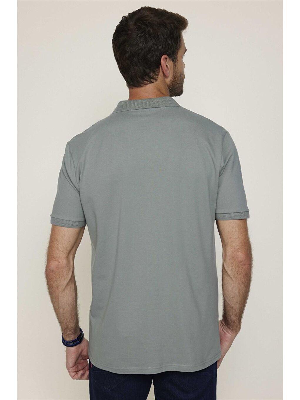 Haki Erkek Jakarlı Yaka Klasik Fit Düz Pamuklu Pike Tişört-3