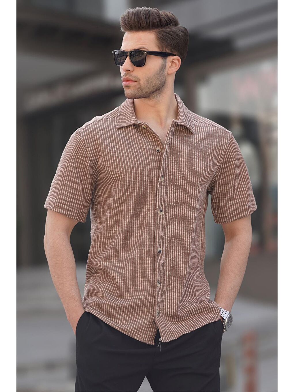 Kahverengi Çizgili Kısa Kollu Erkek Gömlek 5595