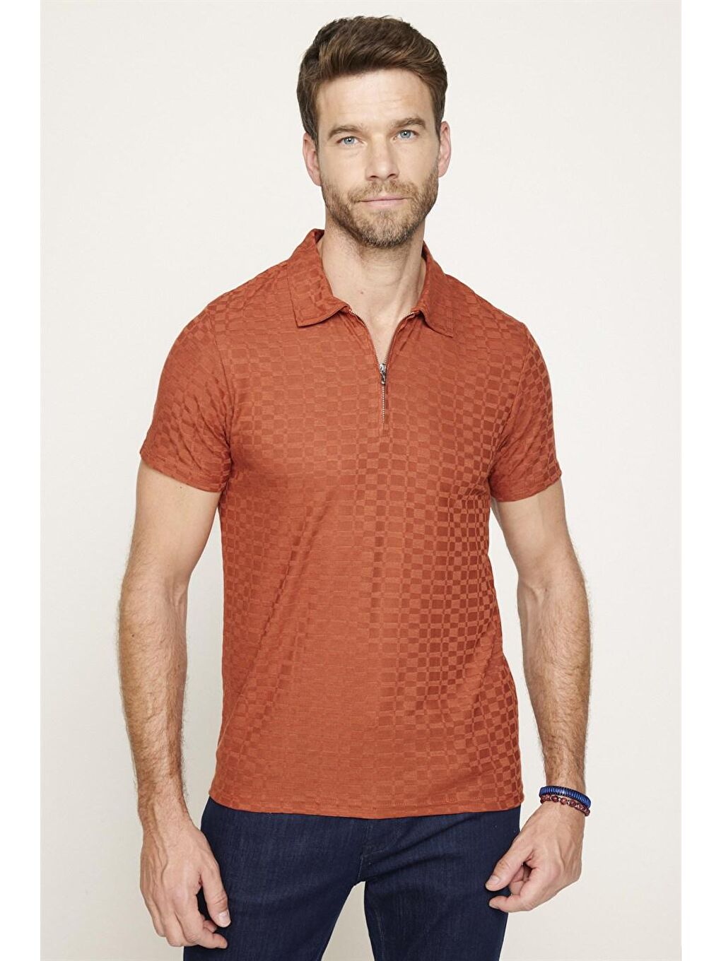 Kahverengi Erkek Slim Fit Dar Kesim Pamuk Fermuarlı Tarçın Renk Polo Yaka Tişört-1