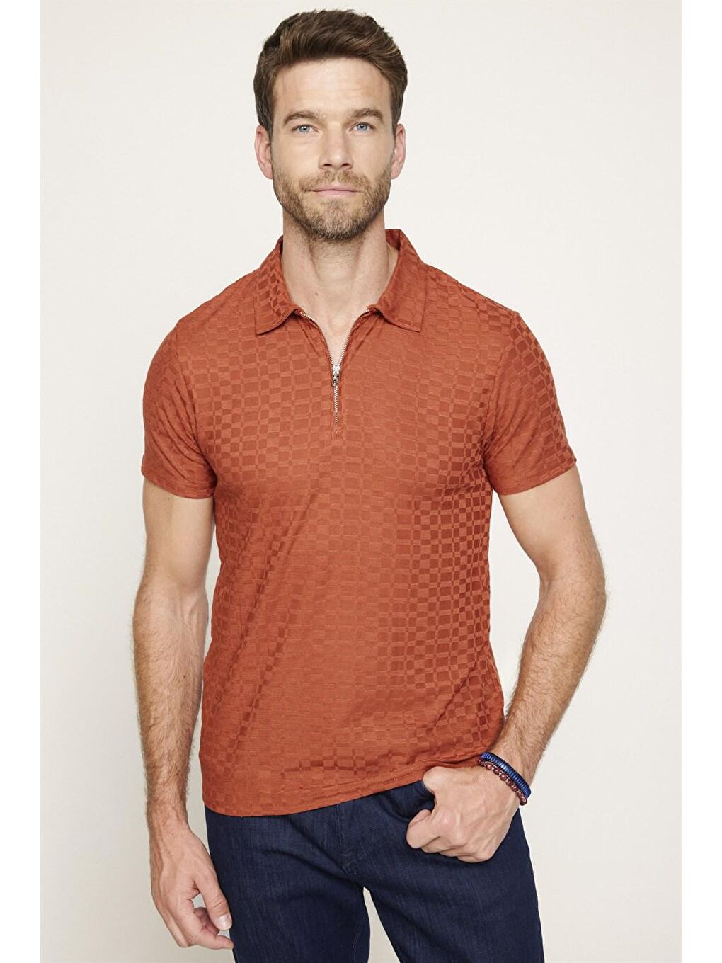 Kahverengi Erkek Slim Fit Dar Kesim Pamuk Fermuarlı Tarçın Renk Polo Yaka Tişört-2