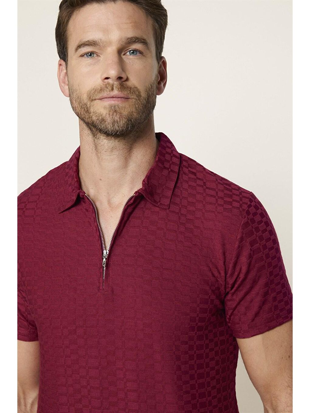 Erkek Slim Fit Dar Kesim Pamuk Fermuarlı Bordo Polo Yaka Tişört