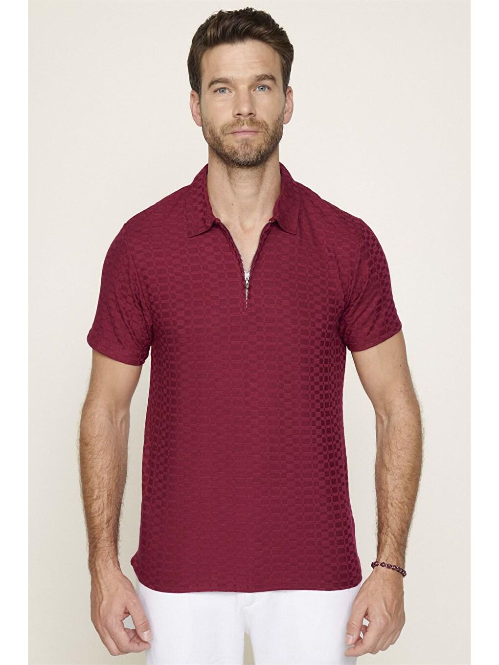 Erkek Slim Fit Dar Kesim Pamuk Fermuarlı Bordo Polo Yaka Tişört-1