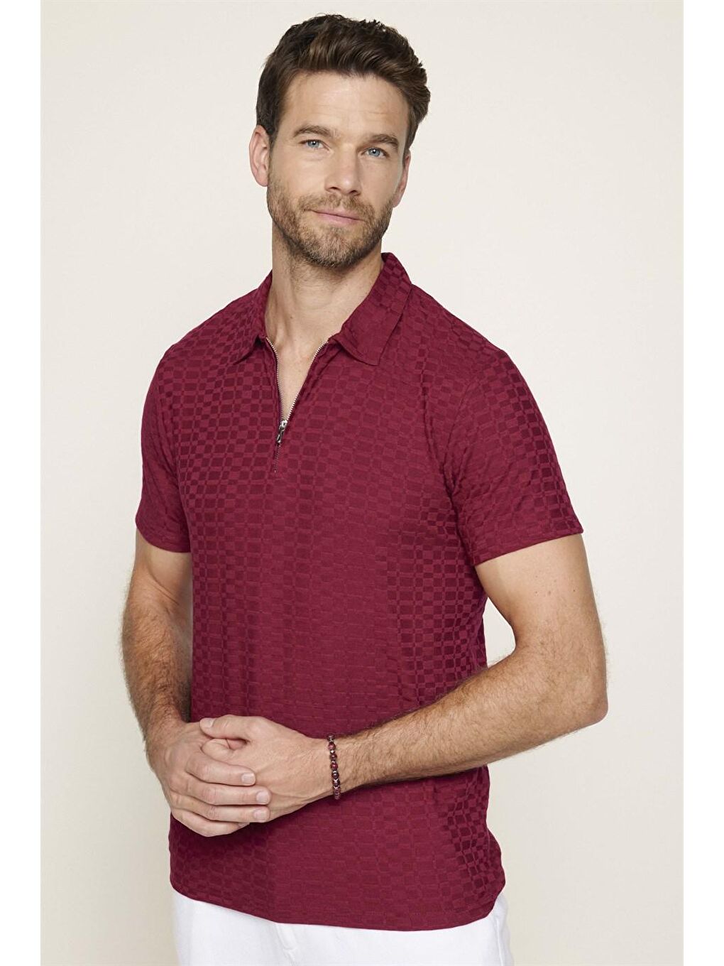 Erkek Slim Fit Dar Kesim Pamuk Fermuarlı Bordo Polo Yaka Tişört-2