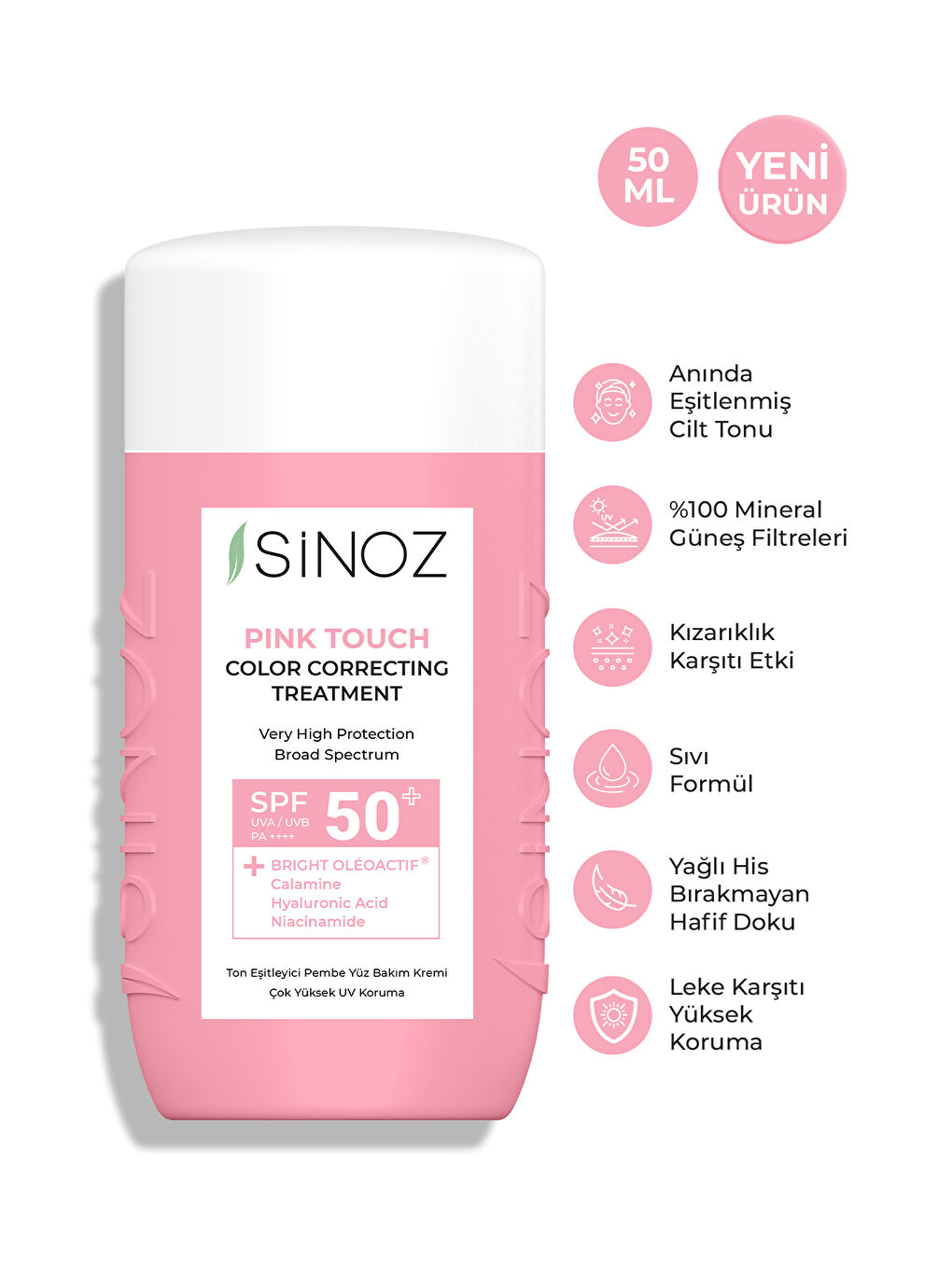 Sinoz Pink Touch Anında Ton Eşitleyici Pembe Yüz Bakım Kremi Spf50 - Mineral Güneş Filtresi 50 Ml