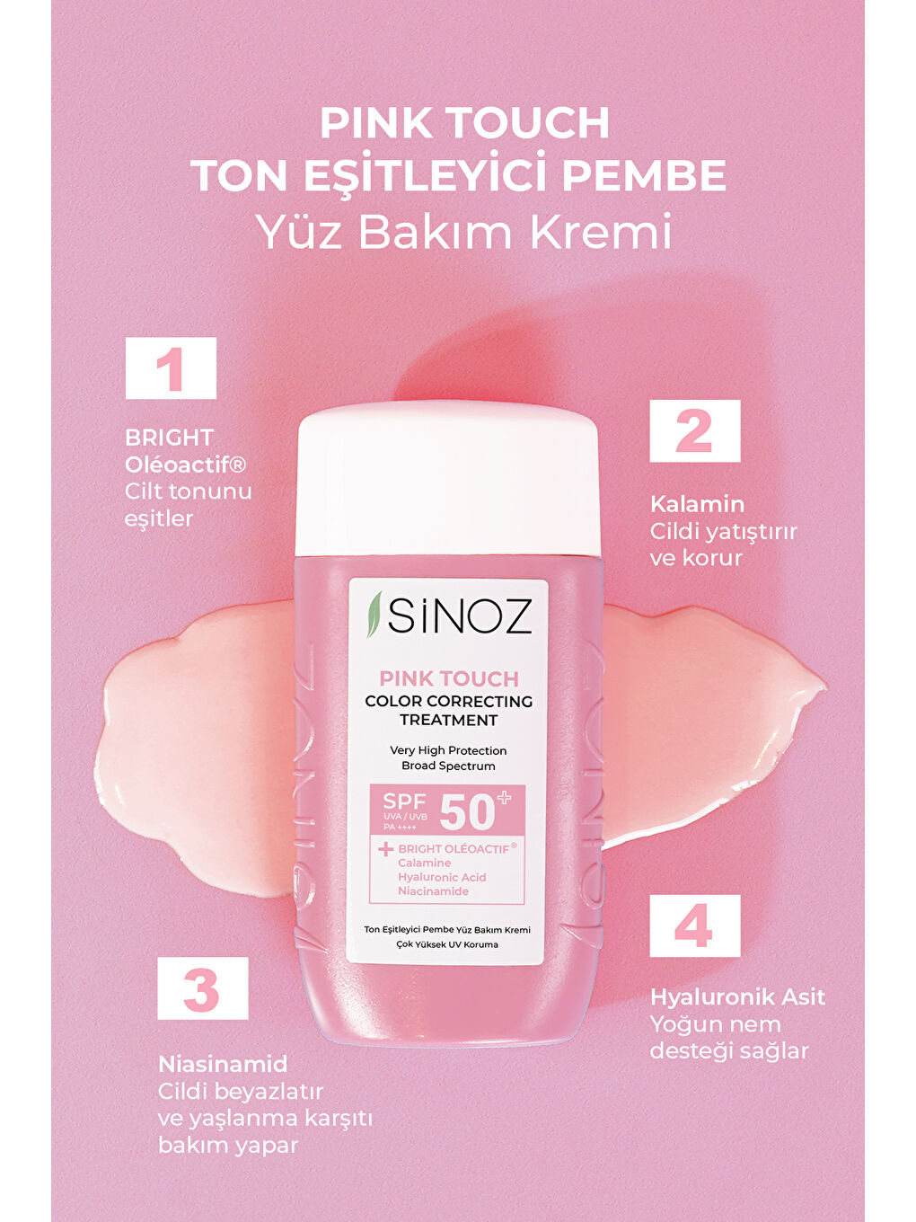 Sinoz Pink Touch Anında Ton Eşitleyici Pembe Yüz Bakım Kremi Spf50 - Mineral Güneş Filtresi 50 Ml - 1