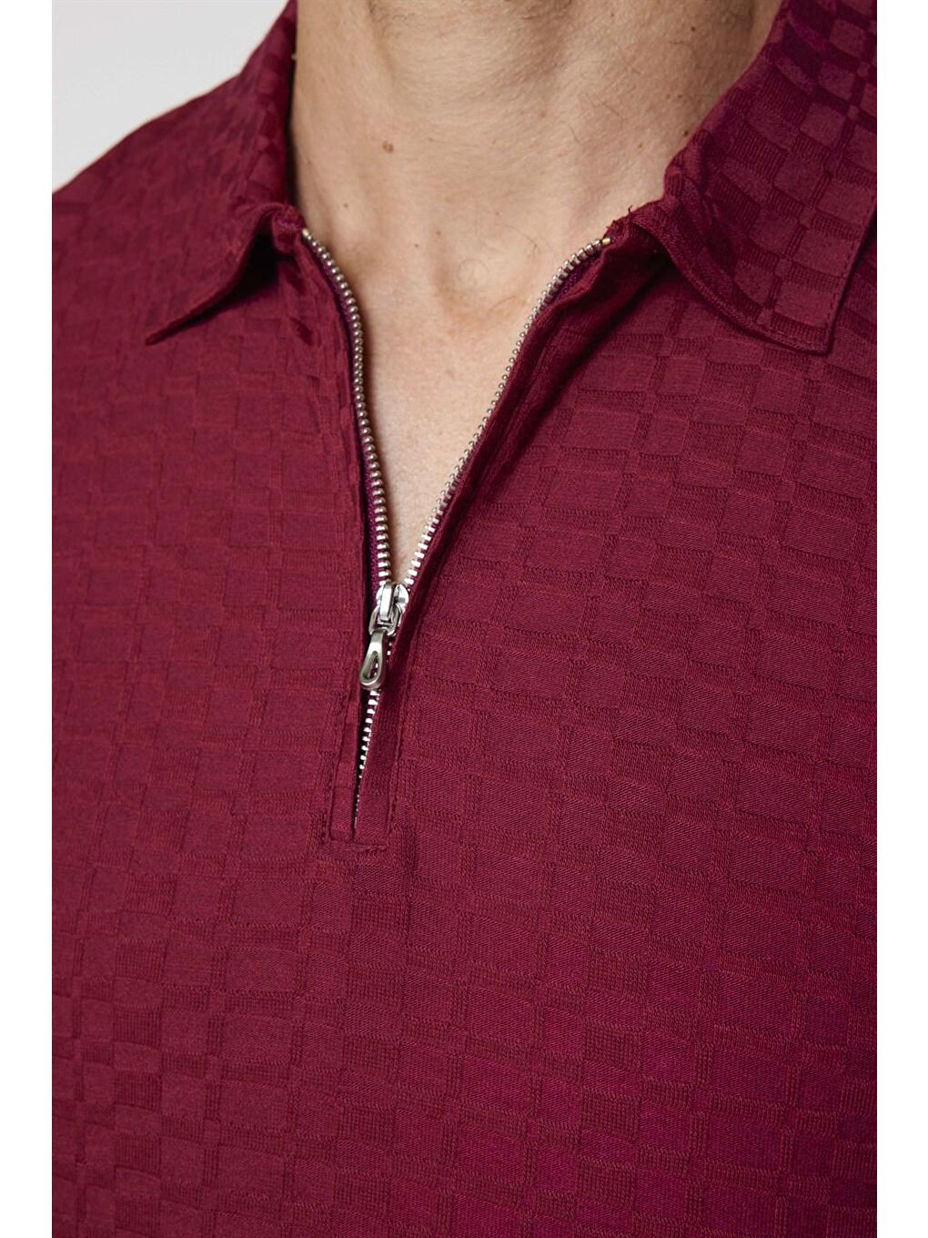 Erkek Slim Fit Dar Kesim Pamuk Fermuarlı Bordo Polo Yaka Tişört-3