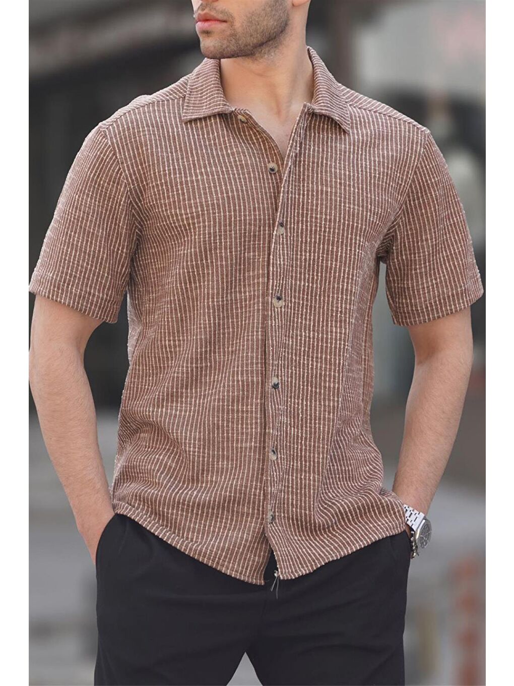 Kahverengi Çizgili Kısa Kollu Erkek Gömlek 5595-2