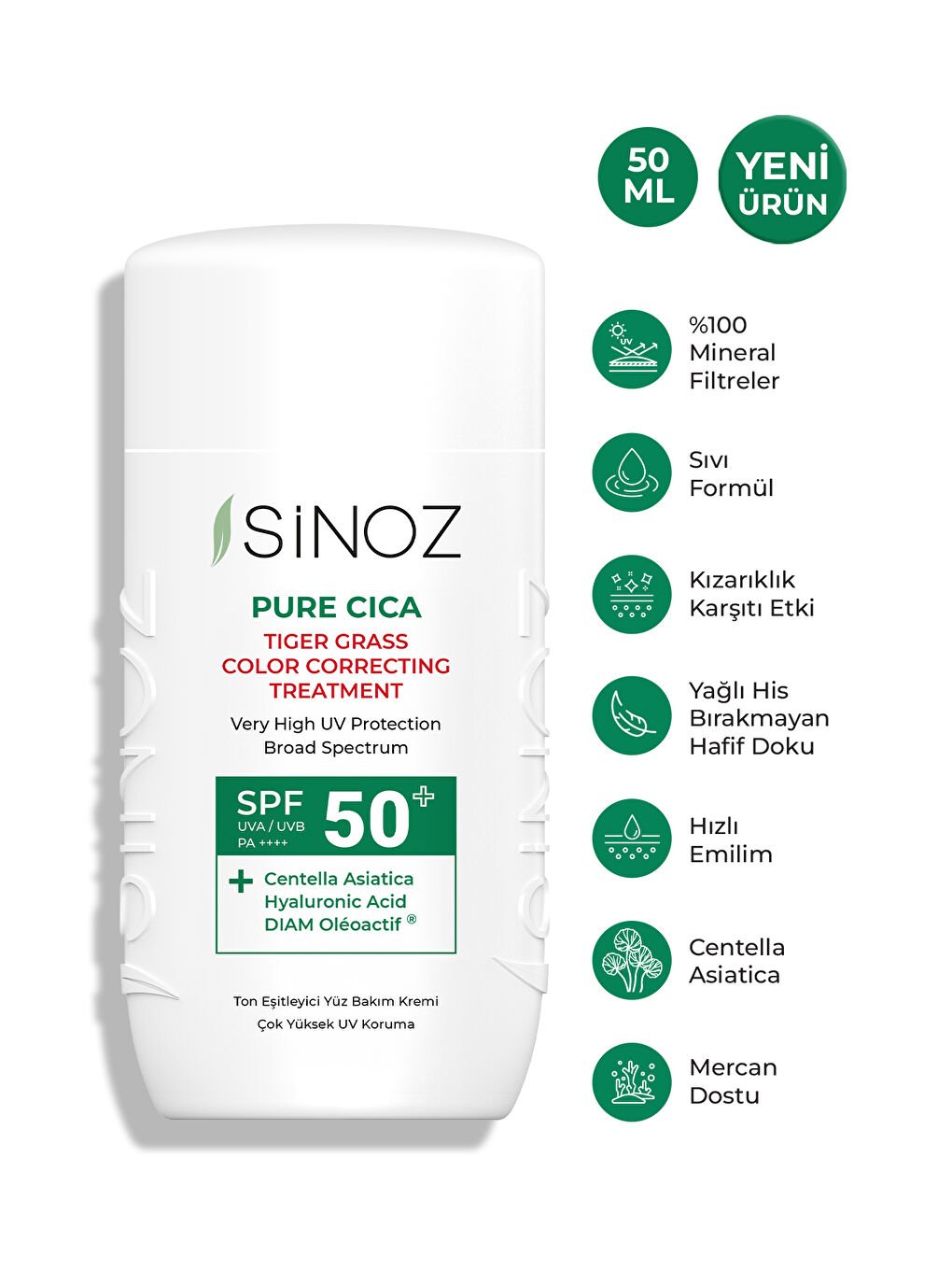 Sinoz Pure Cica Anında Ton Eşitleyici Ve Onarıcı Yüz Bakım Kremi - Yeni Nesil Mineral Güneş Filtresi Spf50