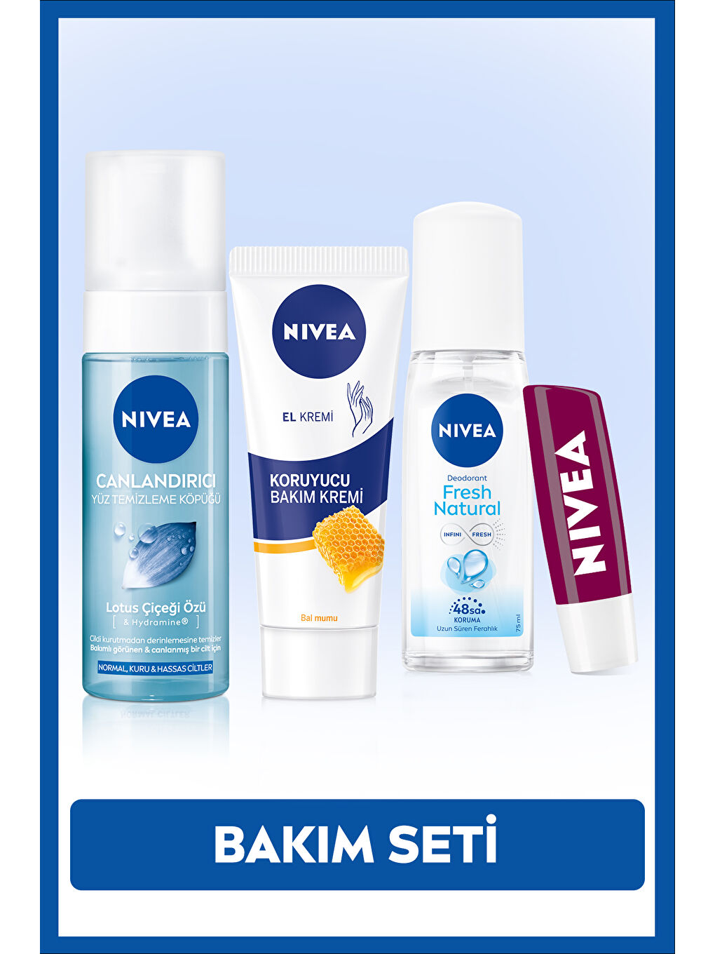 NIVEA Kadın Pump Deodorant Fresh Natural 75ml,yüz Yıkama Köpüğü 150ml, Nemlendirici Krem,dudak Bakım Kremi