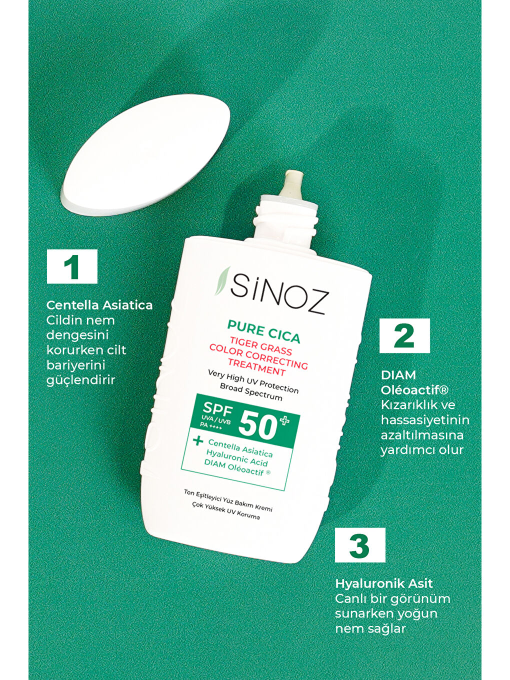 Sinoz Pure Cica Anında Ton Eşitleyici Ve Onarıcı Yüz Bakım Kremi - Yeni Nesil Mineral Güneş Filtresi Spf50 - 1