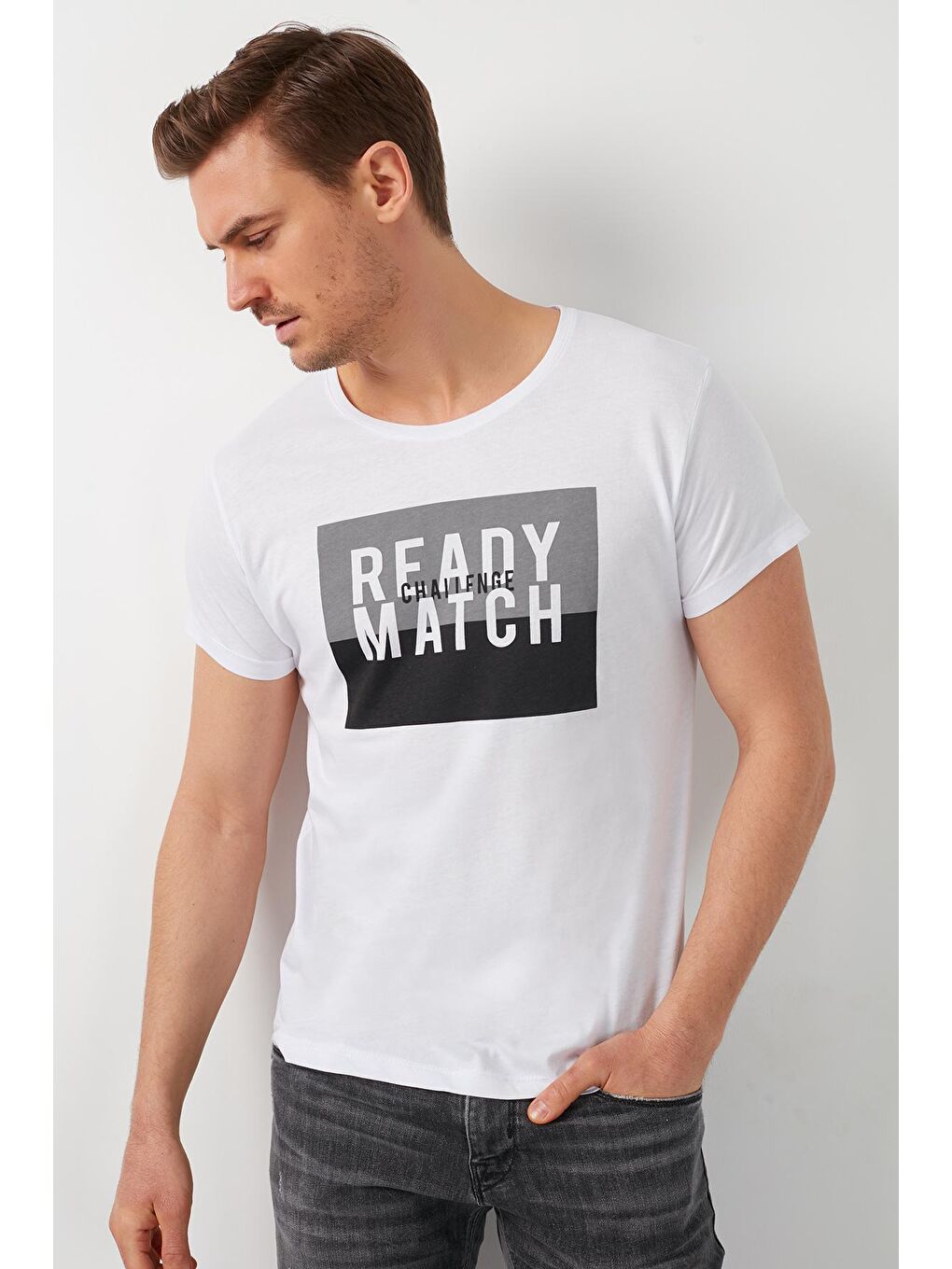 Beyaz Baskılı Bisiklet Yaka %100 Pamuk Tişört 541READY-2