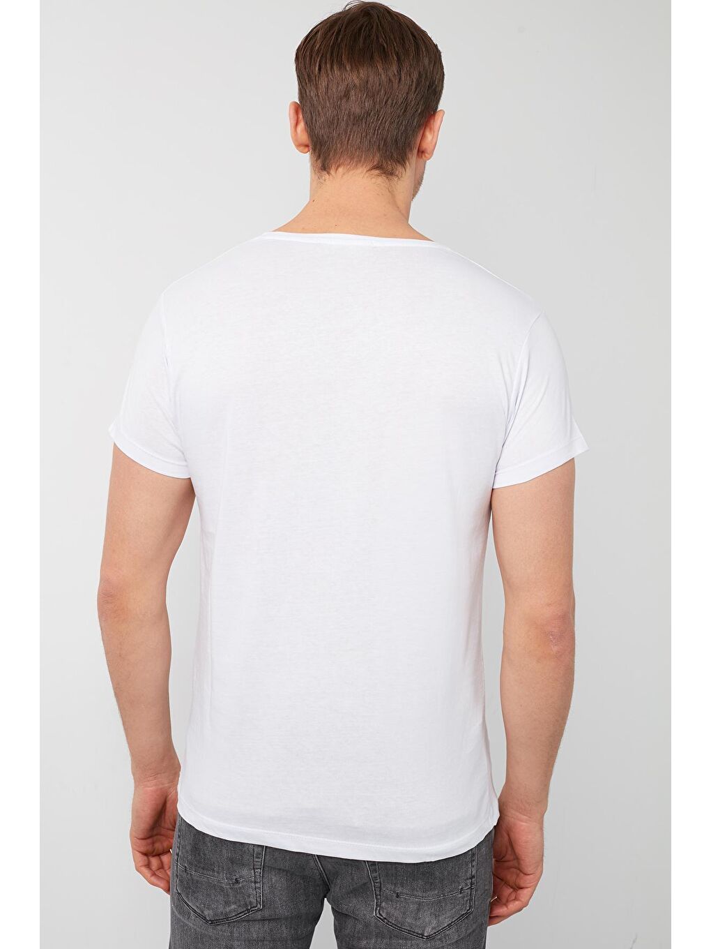 Beyaz Baskılı Bisiklet Yaka %100 Pamuk Tişört 541READY-3