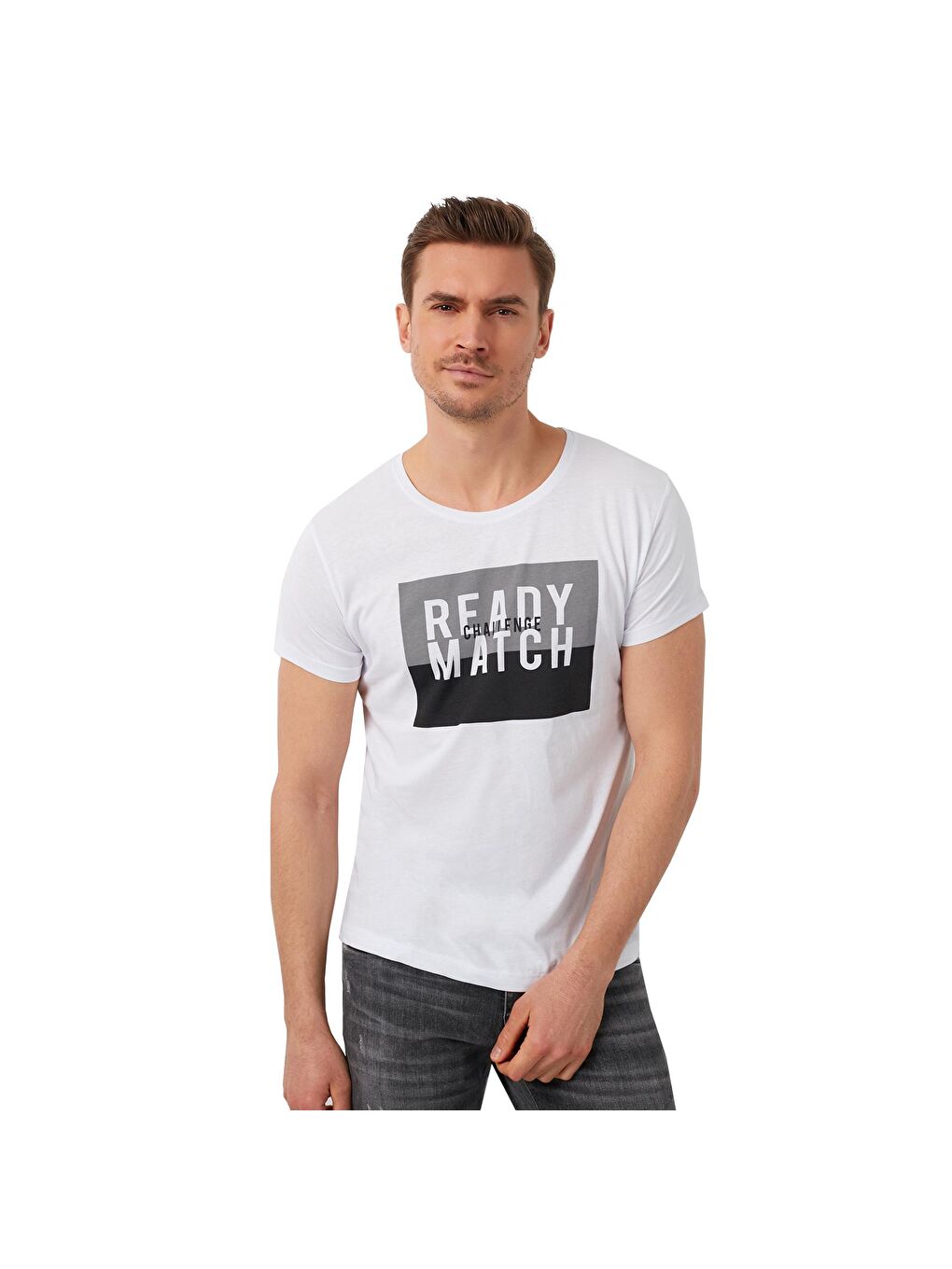 Beyaz Baskılı Bisiklet Yaka %100 Pamuk Tişört 541READY-4