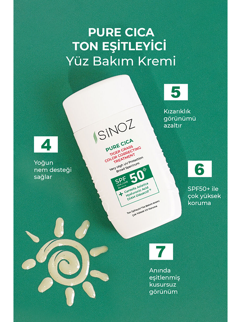 Sinoz Pure Cica Anında Ton Eşitleyici Ve Onarıcı Yüz Bakım Kremi - Yeni Nesil Mineral Güneş Filtresi Spf50 - 2