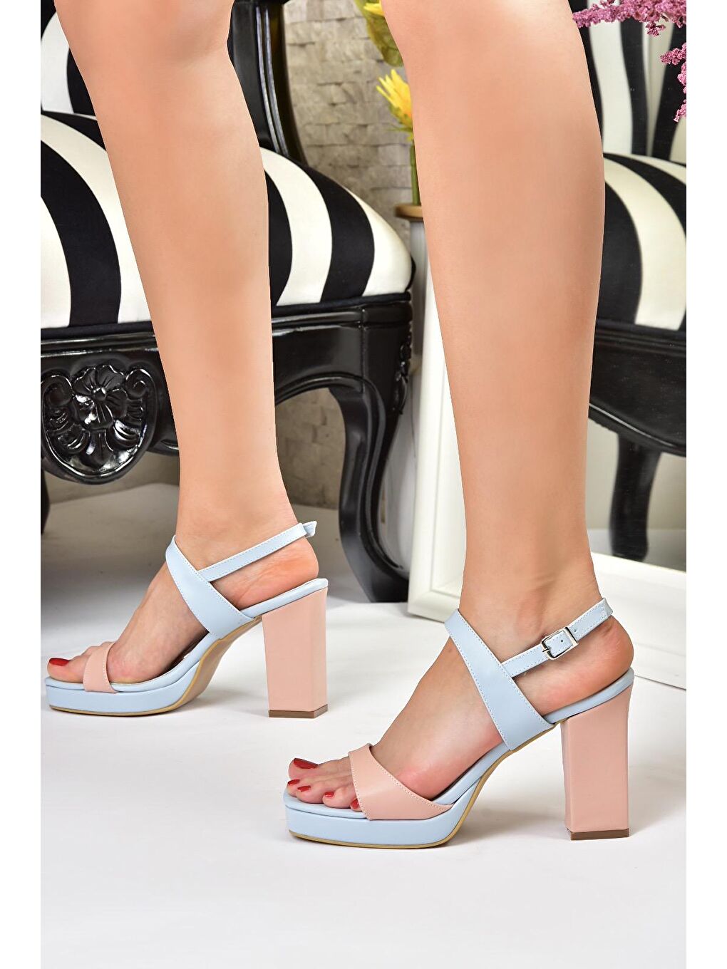 Mavi/Pudra Kalın Platform Topuklu Kadın Ayakkabı M282062309-2
