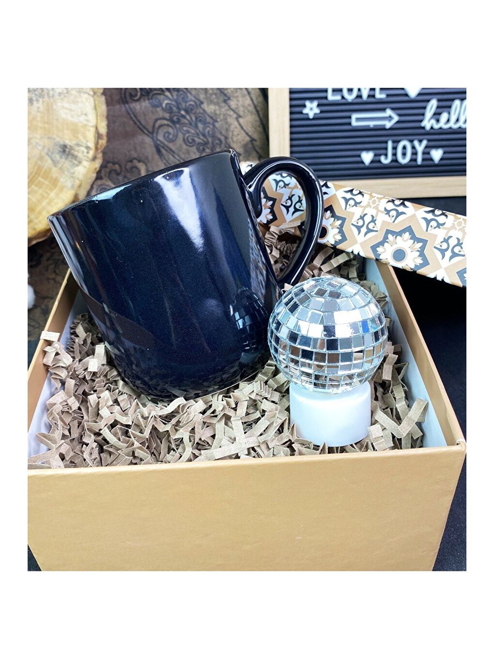 Karışık Özel Kutulu Siyah bulut Kupa Ve Hasır Lamba Mini Hediye Seti-3