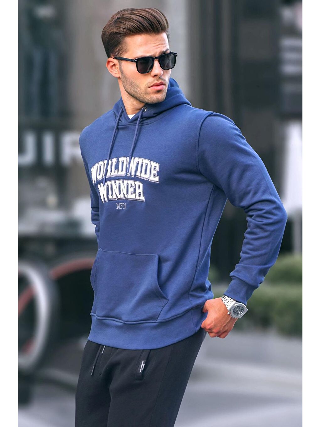 Madmext Lacivert Baskılı Kapüşonlu Erkek Hoodie 6149
