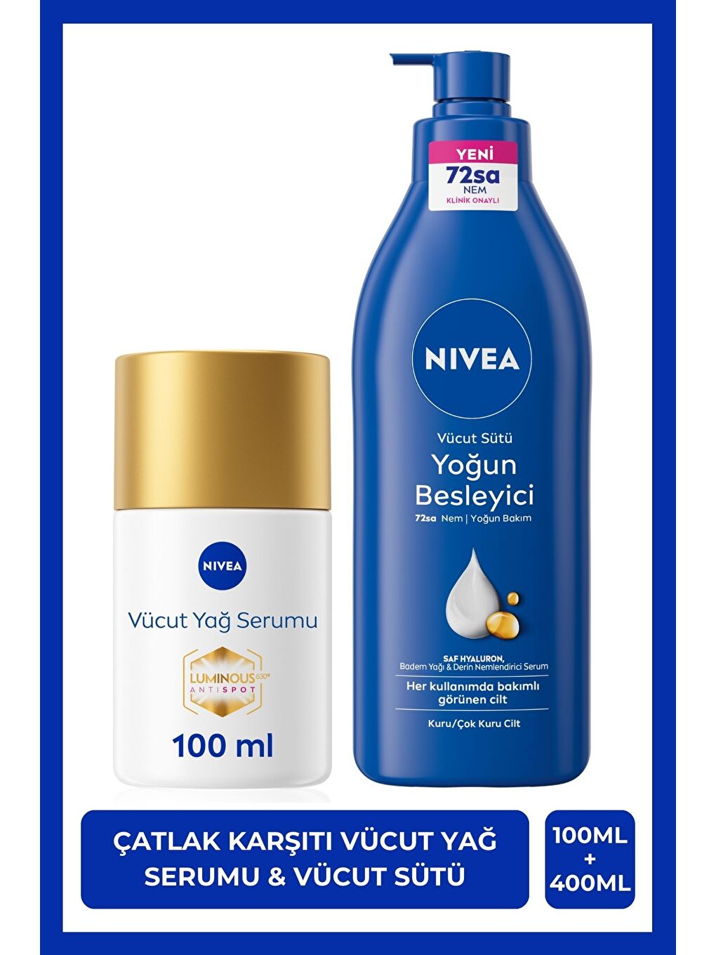 NIVEA Luminous630 Çatlak Karşıtı Vücut Bakım Yağ Serumu 100ml ve Besleyici Nemlendirici Vücut Sütü 400ml