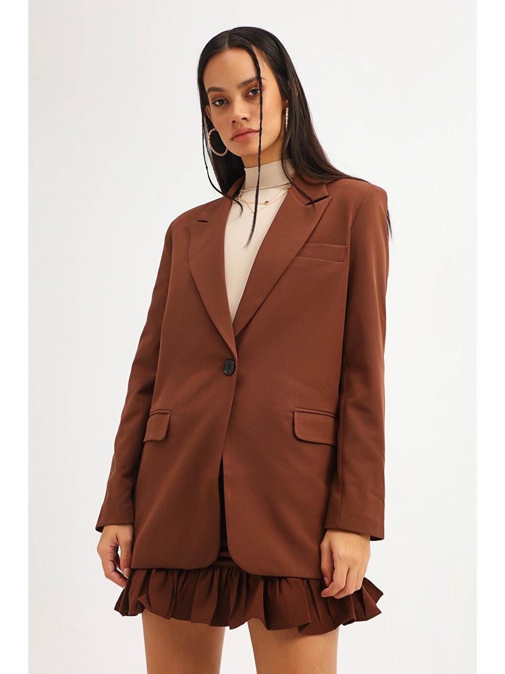Kahverengi Tek Düğmeli Blazer Ceket Koyu Kahve