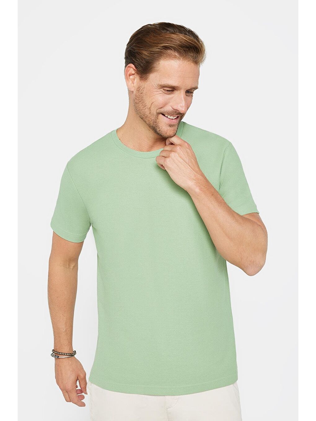 Erkek Slim Fit Dar Kesim %100 Pamuk Yumuşak Dokulu Desenli Yeşil Bisiklet Yaka Tişört