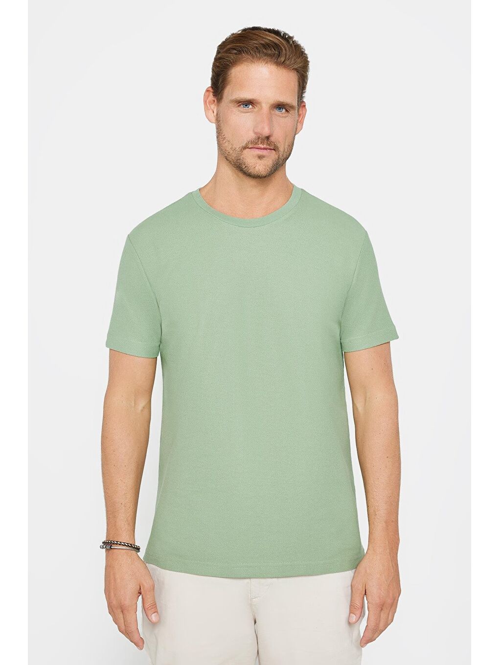 Erkek Slim Fit Dar Kesim %100 Pamuk Yumuşak Dokulu Desenli Yeşil Bisiklet Yaka Tişört-1