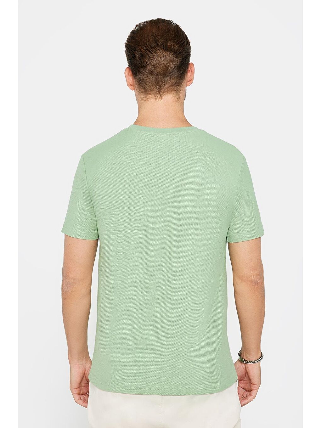 Erkek Slim Fit Dar Kesim %100 Pamuk Yumuşak Dokulu Desenli Yeşil Bisiklet Yaka Tişört-4