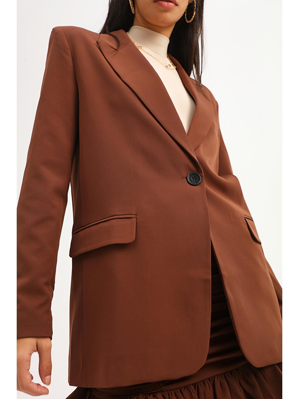 Kahverengi Tek Düğmeli Blazer Ceket Koyu Kahve-3
