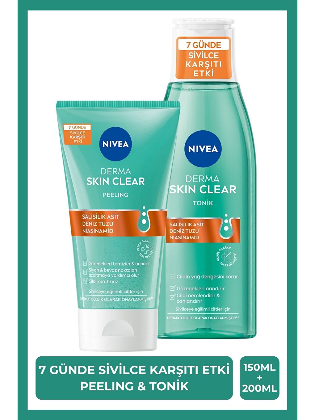 NIVEA Derma Skin Clear Sivilce Karşıtı Yüz Temizleme Peeling150ml ve Tonik200ml, Salisilik Asit,Niasinamid