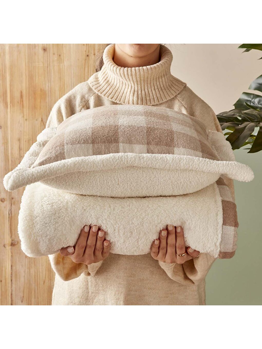 Plaid Kırlent Bej-1