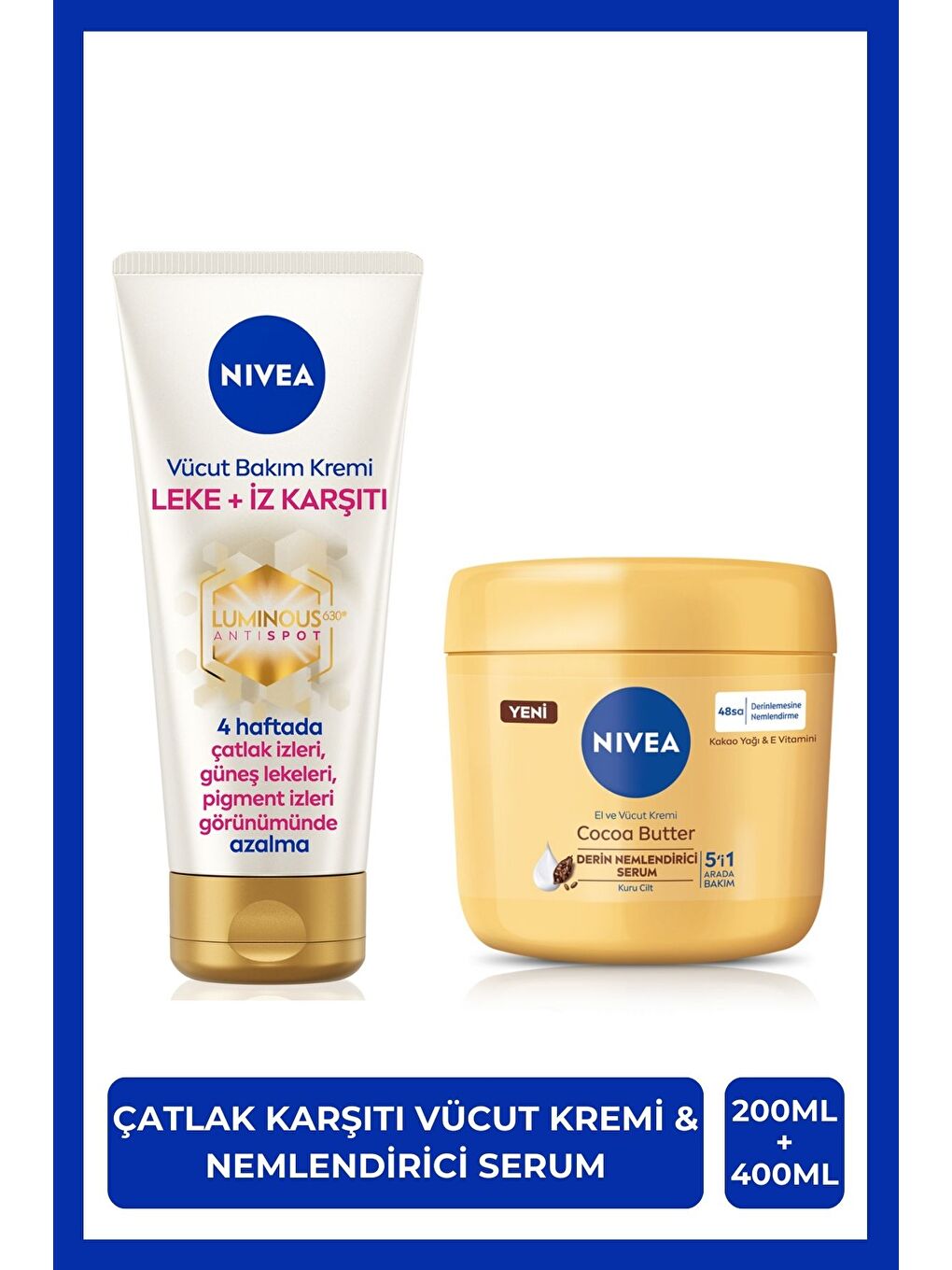 NIVEA Luminous630 Leke İz Karşıtı Vücut Kremi 200ml ve Cocoa Butter Nemlendirici Krem 400ml, Kuru Cilt