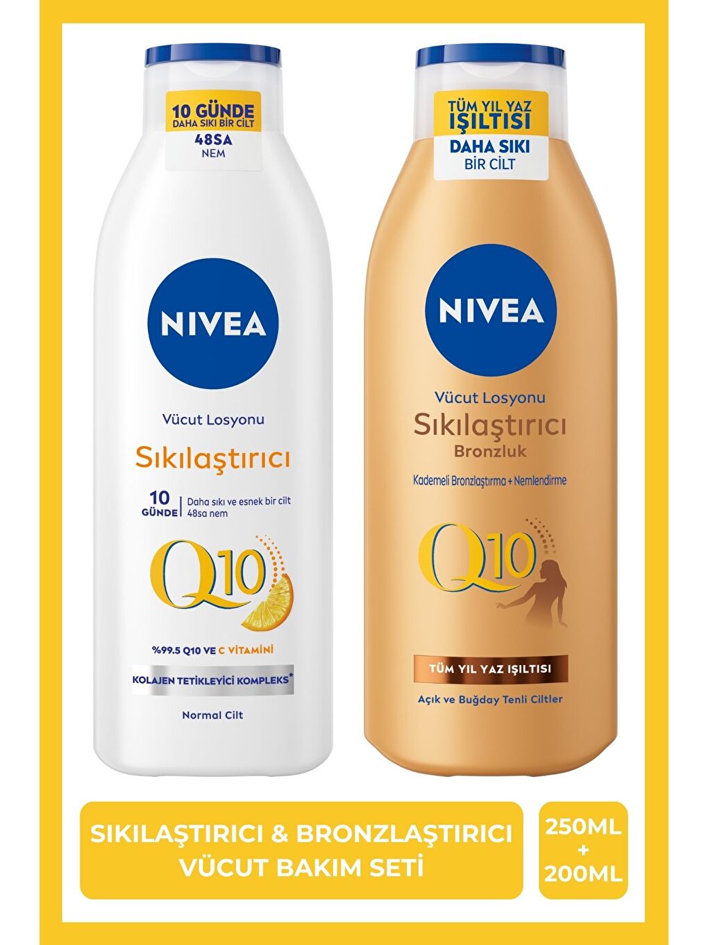 NIVEA Q10 Sıkılaştırıcı Vücut Losyonu 250ml ve Kademeli Bronzlaştırıcı Vücut Losyonu 200ml, Nemlendirici