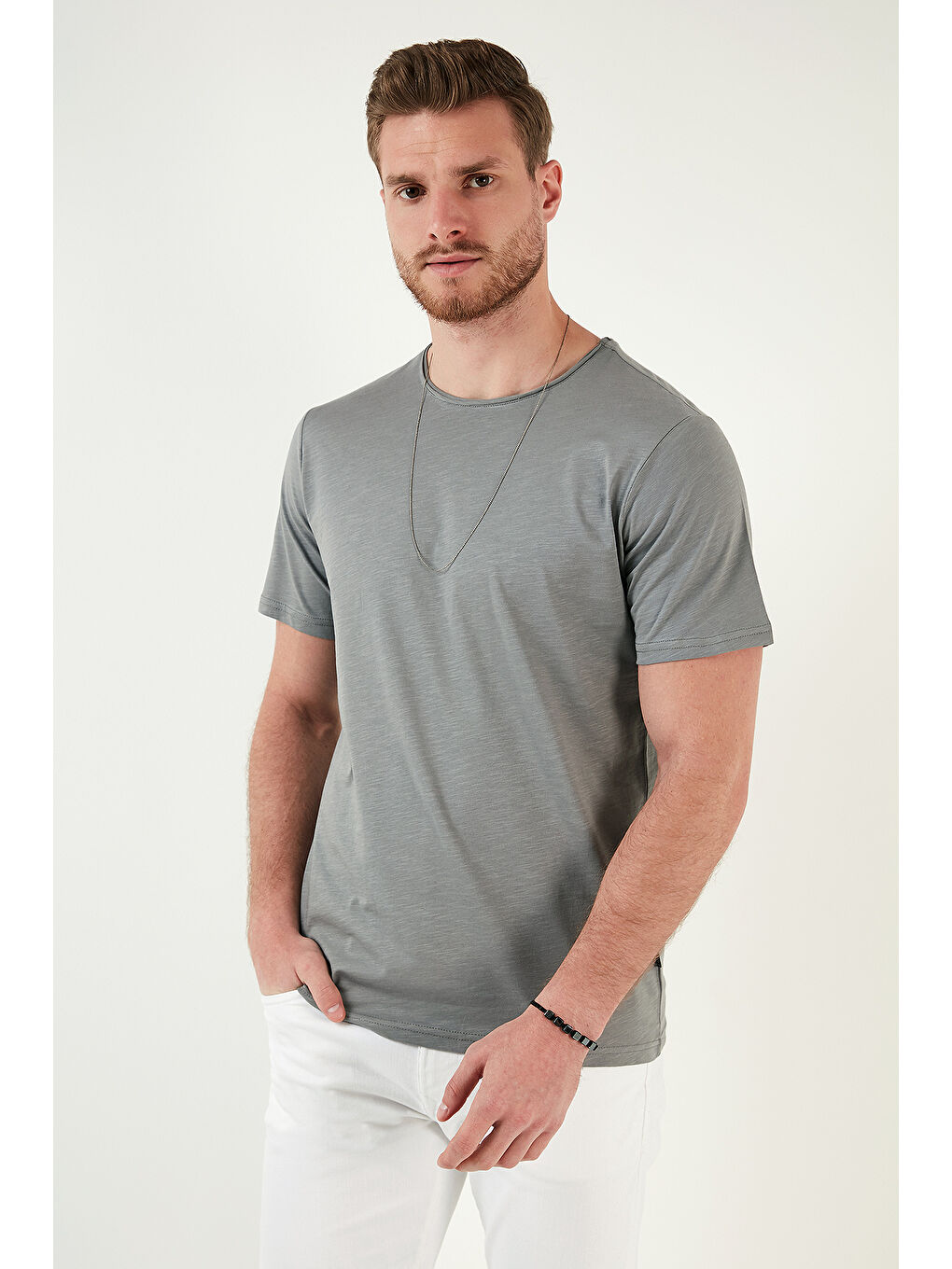 Haki Bisiklet Yaka %100 Pamuk Slim Fit Basic Tişört 59020001-6