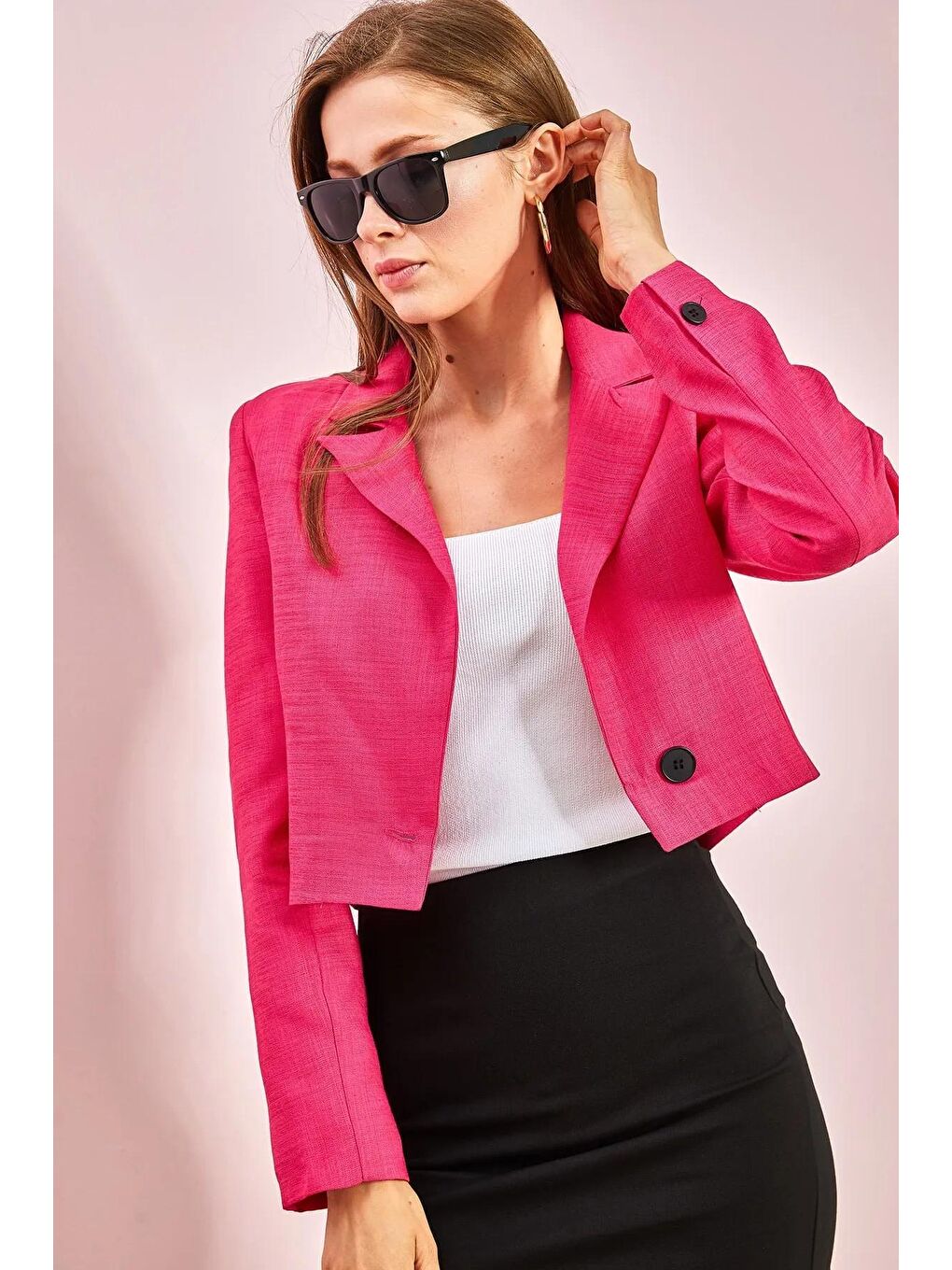 Fuşya Kadın Düğmeli Lamineli Ceket-1