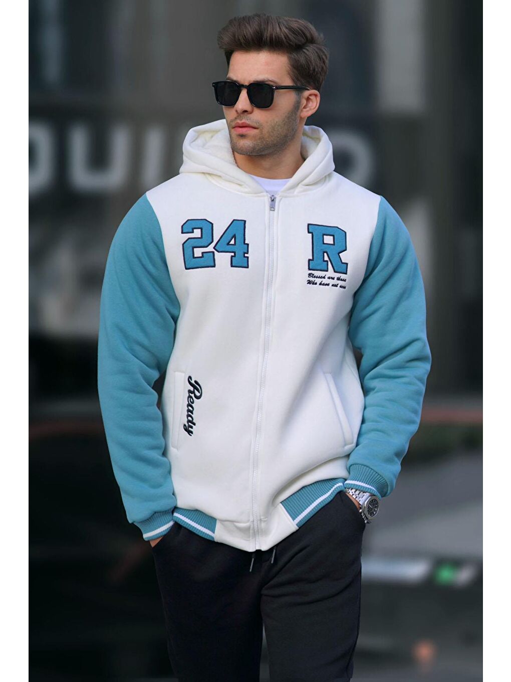 Madmext Ekru Baskılı Fermuarlı Erkek Sweatshirt 6155