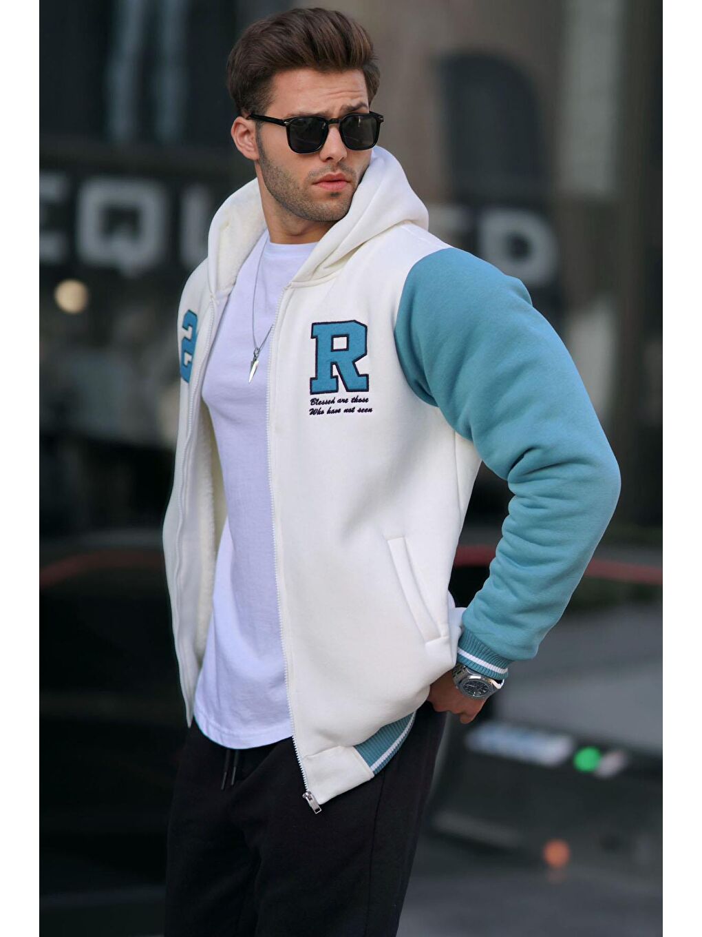 Madmext Ekru Baskılı Fermuarlı Erkek Sweatshirt 6155 - 1