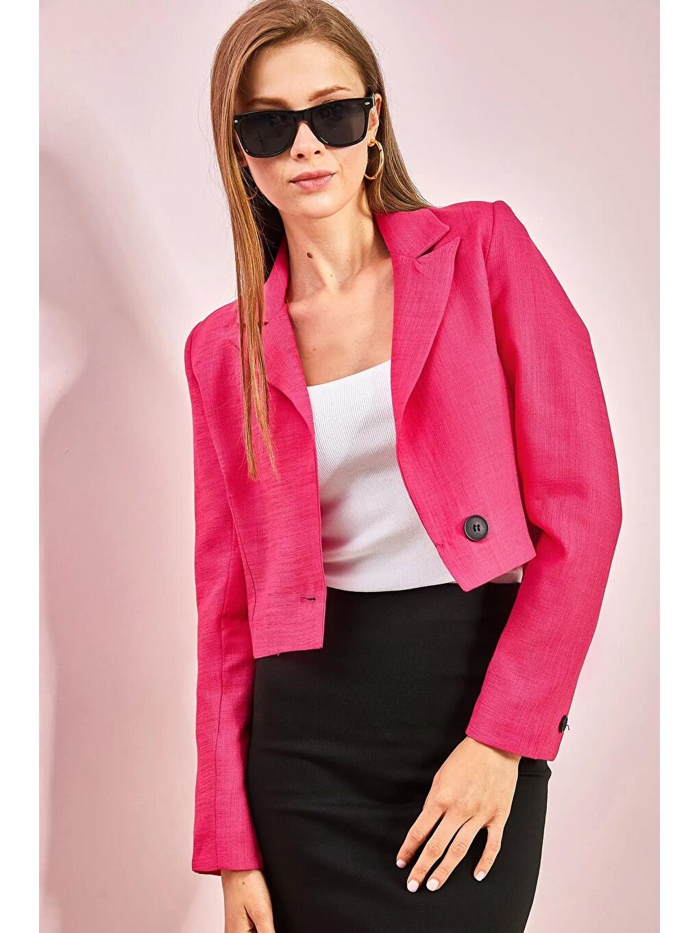 Fuşya Kadın Düğmeli Lamineli Ceket-2