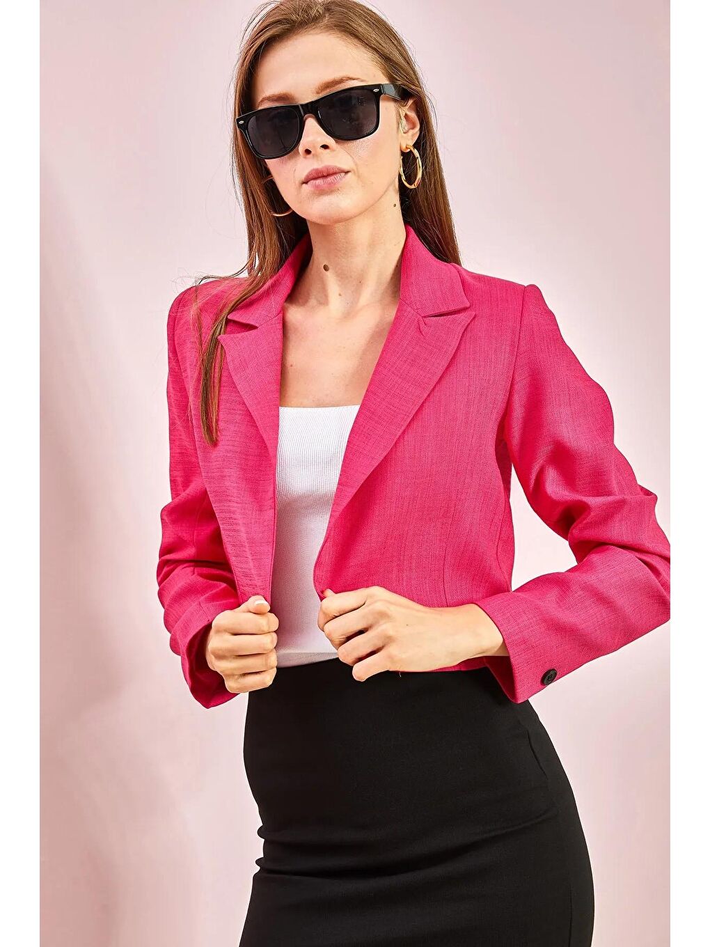Fuşya Kadın Düğmeli Lamineli Ceket-3