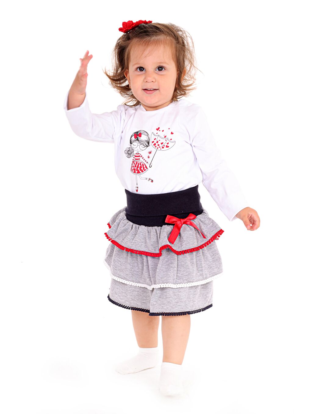 Beyaz Bisiklet Yaka Uzun Kollu Kız Bebek Tişört ve Etek 2'li Takım-1