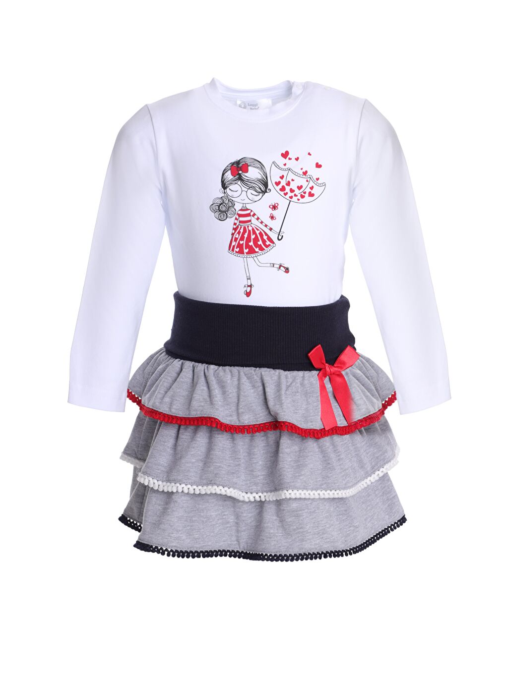 Beyaz Bisiklet Yaka Uzun Kollu Kız Bebek Tişört ve Etek 2'li Takım-2