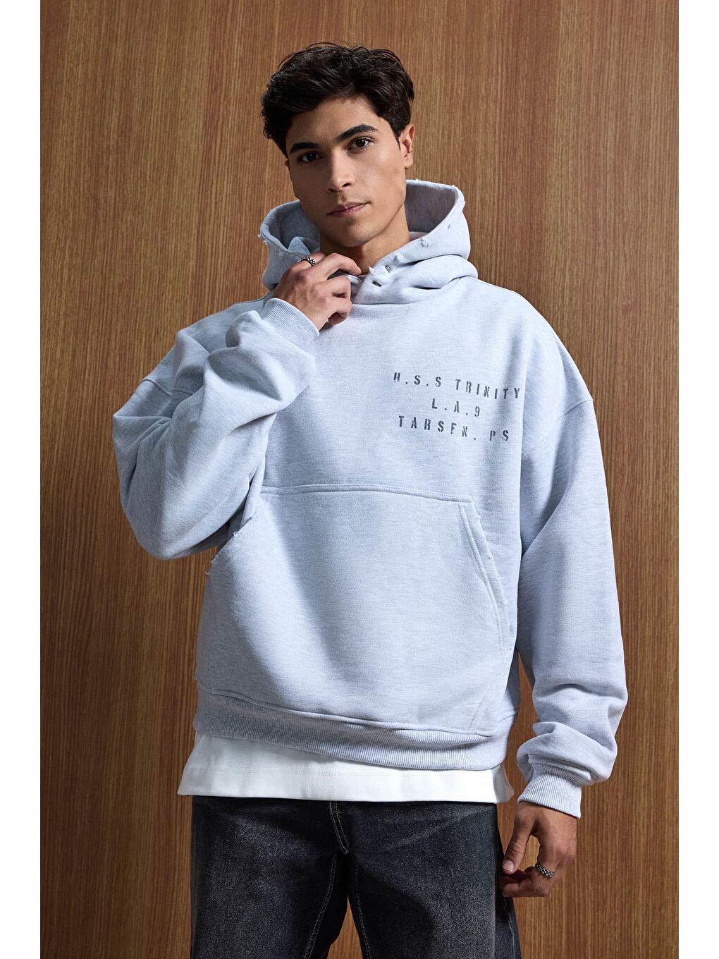 Erkek Yazı Baskılı Gramajlı Urban Hoodie Gri