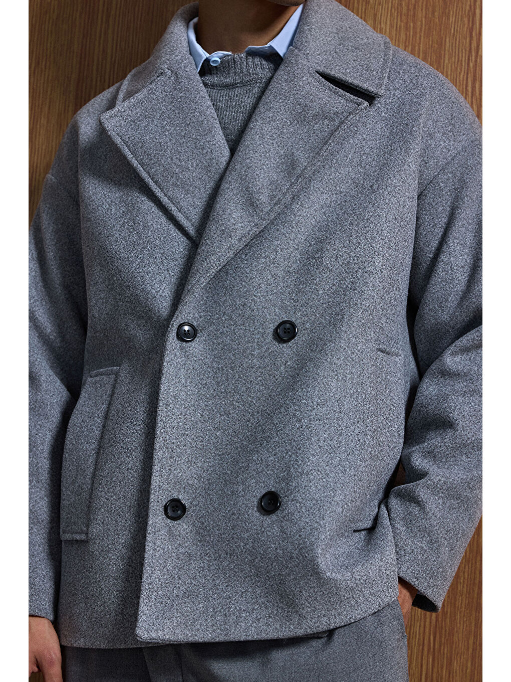 Erkek Oversize Kruvaze Kaban Koyu Gri-1