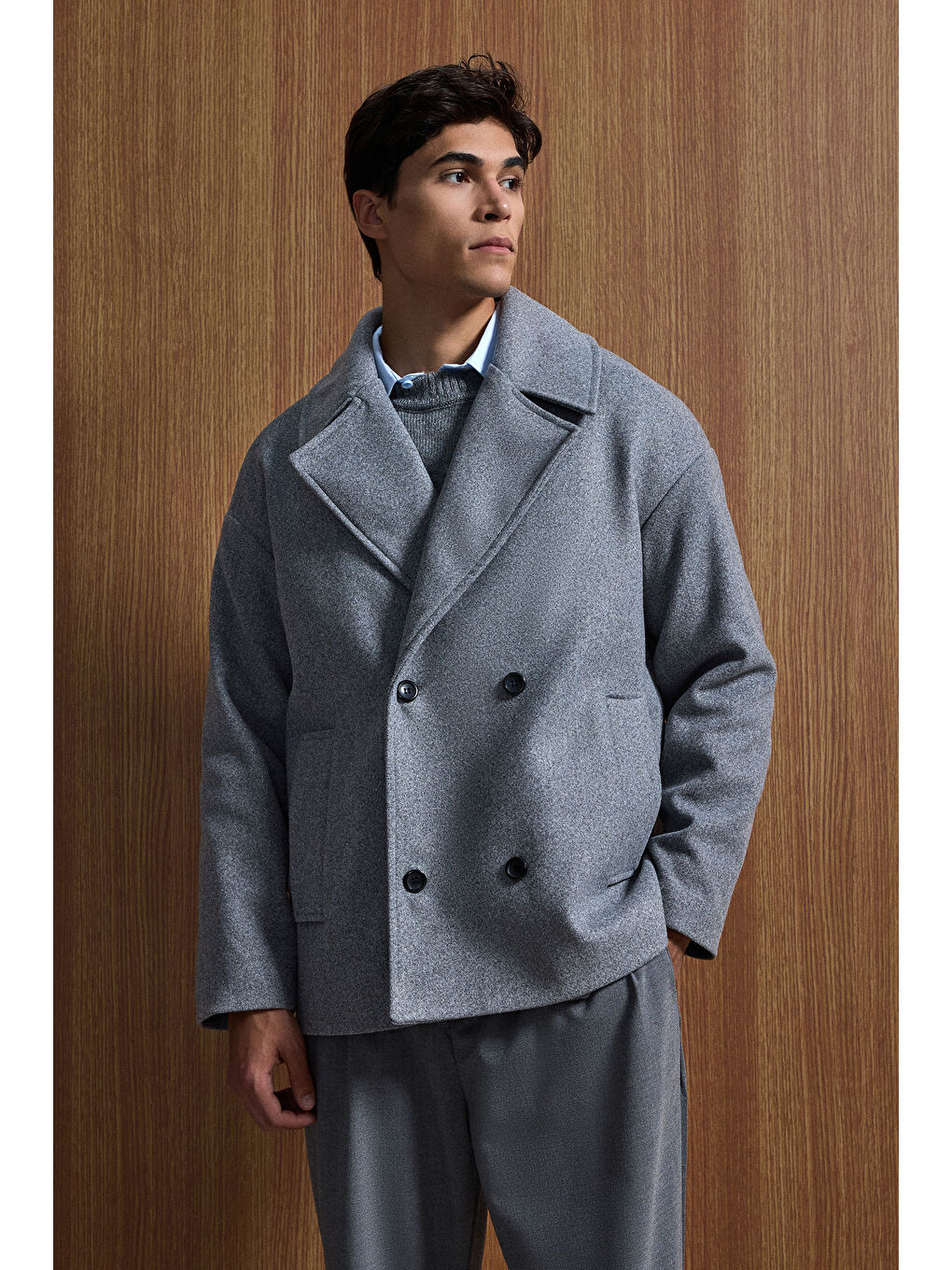 Erkek Oversize Kruvaze Kaban Koyu Gri-2