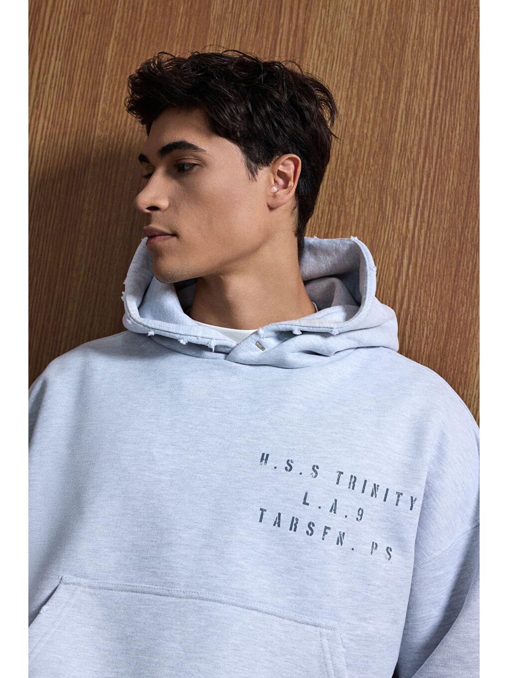 Erkek Yazı Baskılı Gramajlı Urban Hoodie Gri-1