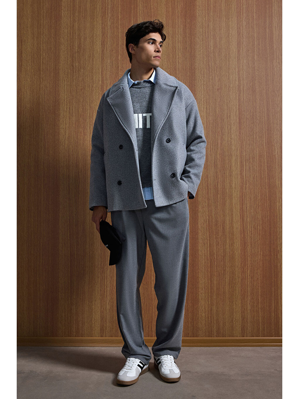 Erkek Oversize Kruvaze Kaban Koyu Gri-3