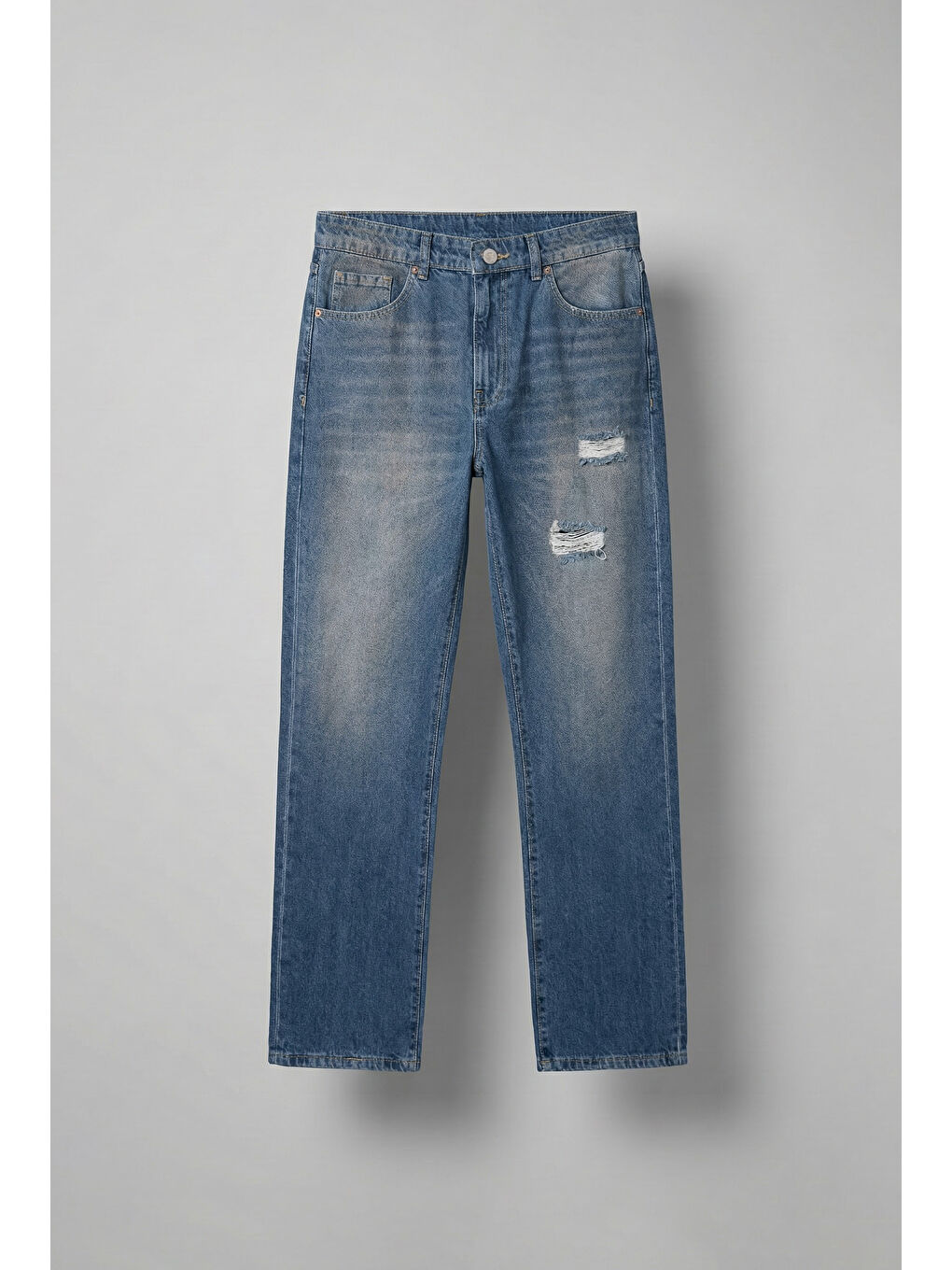 Erkek Yırtık Soluk Efektli Baggy Fit Jean Mavi