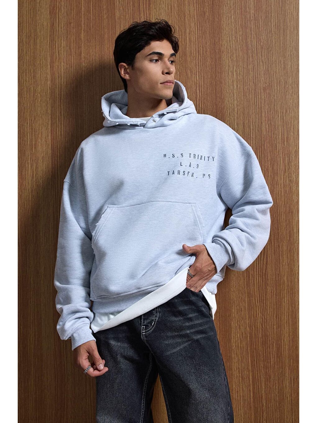 Erkek Yazı Baskılı Gramajlı Urban Hoodie Gri-2