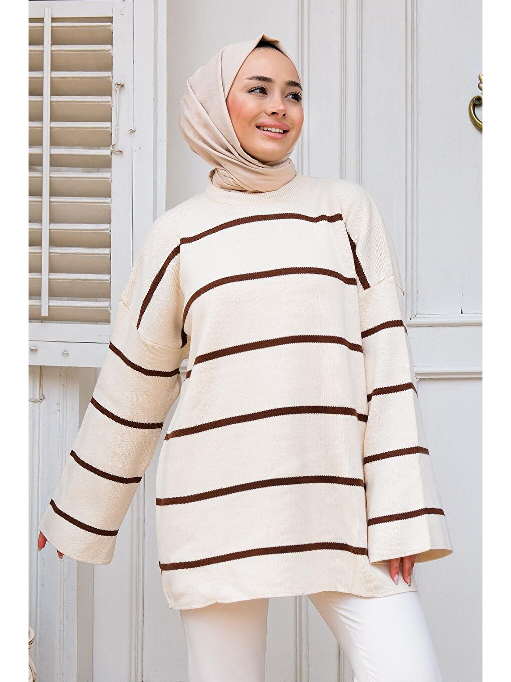 Basic Çizgili Tesettür Triko Kazak Kahverengi