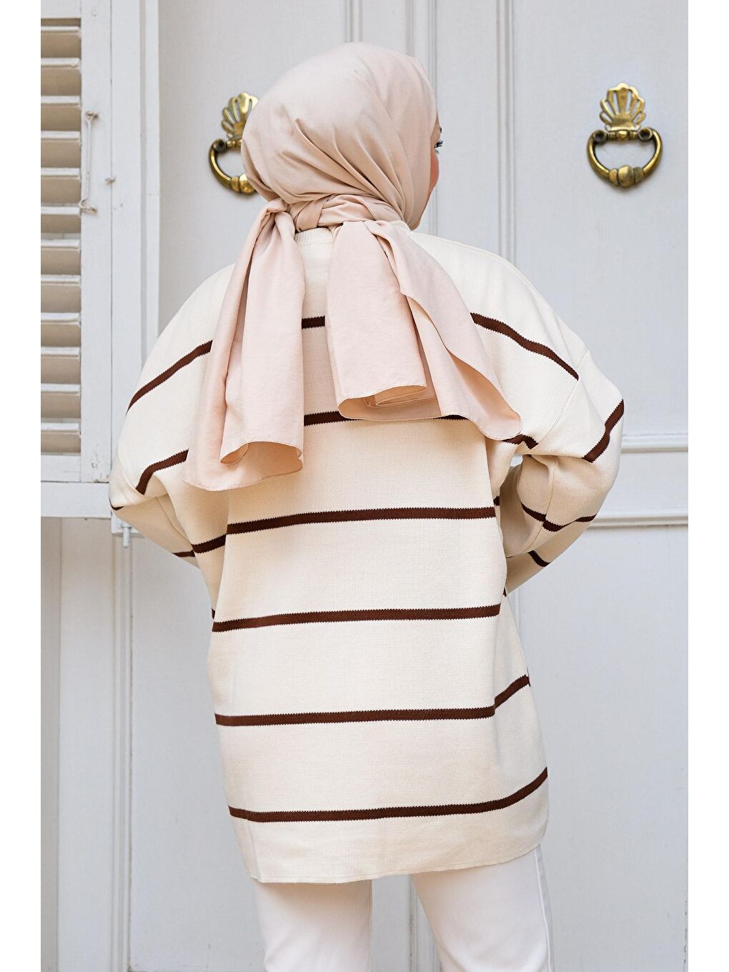 Basic Çizgili Tesettür Triko Kazak Kahverengi-1