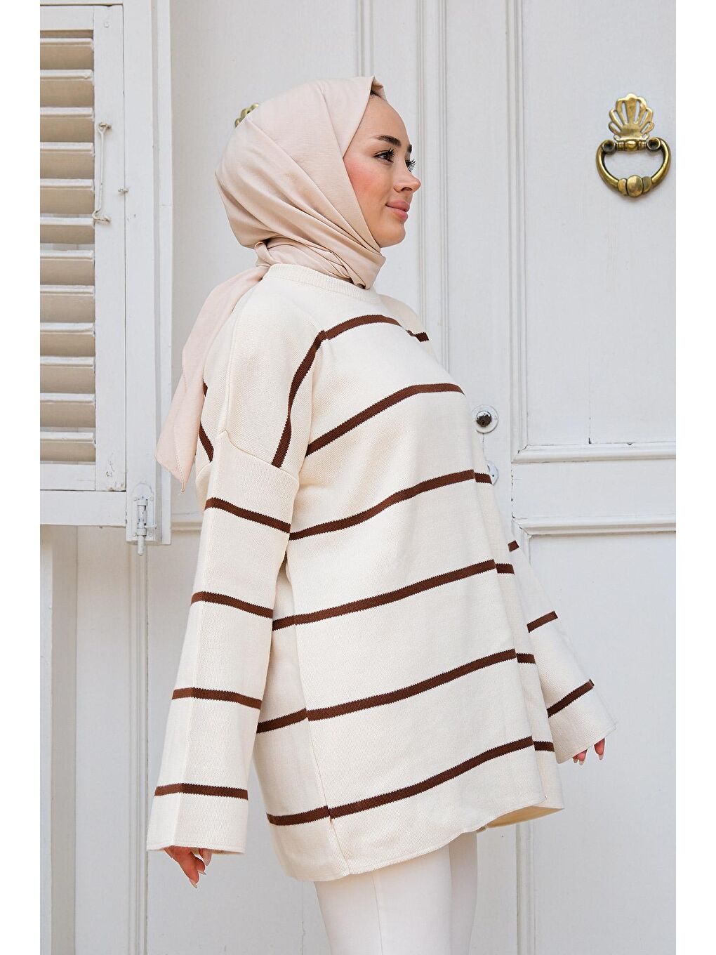 Basic Çizgili Tesettür Triko Kazak Kahverengi-2